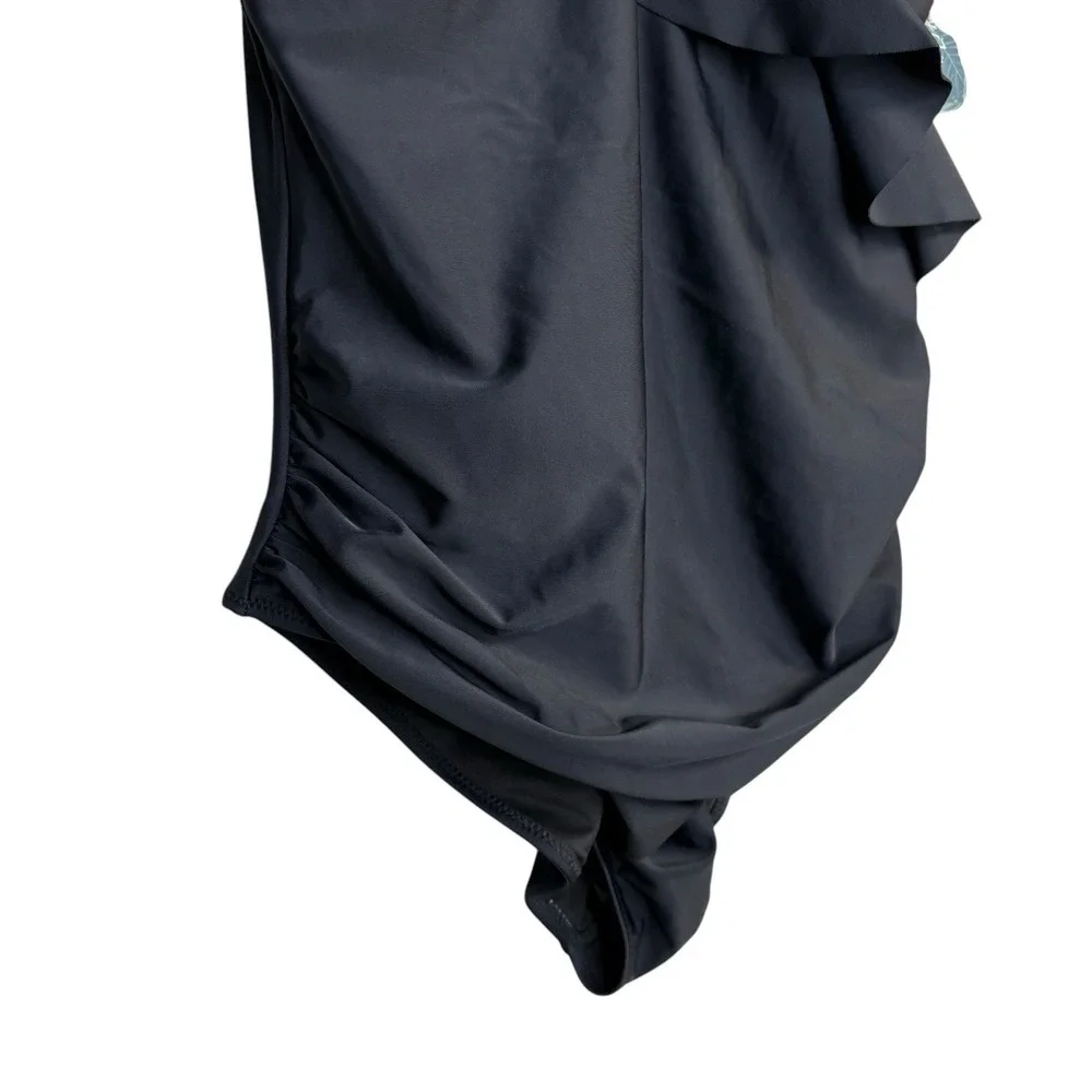 Blooming Jelly Womens Swimsuit XL Black Ruffle Vneck Cinching Slimming One Piece